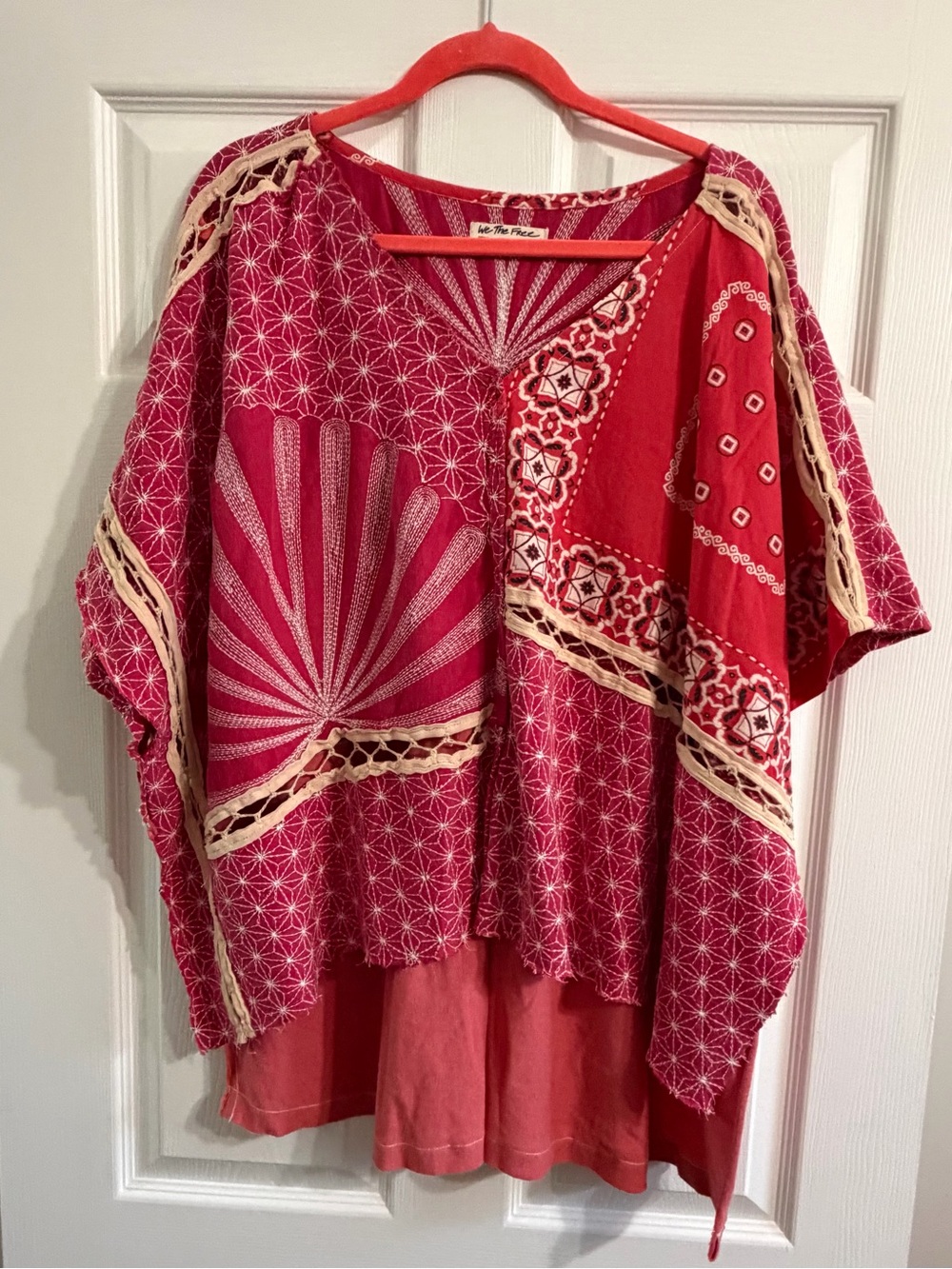 Free People Red Patchwork Oversized Tunic with Crochet Trim